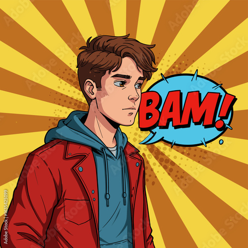 Comic book style illustration of a young man with bam speech bubble