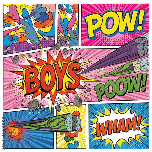 Comic book panels with action words pow poow wham boys colorful art