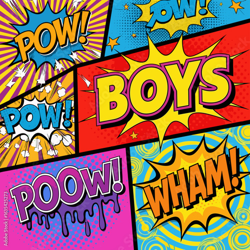 Comic book pop art background with pow wham boys poow graphic design
