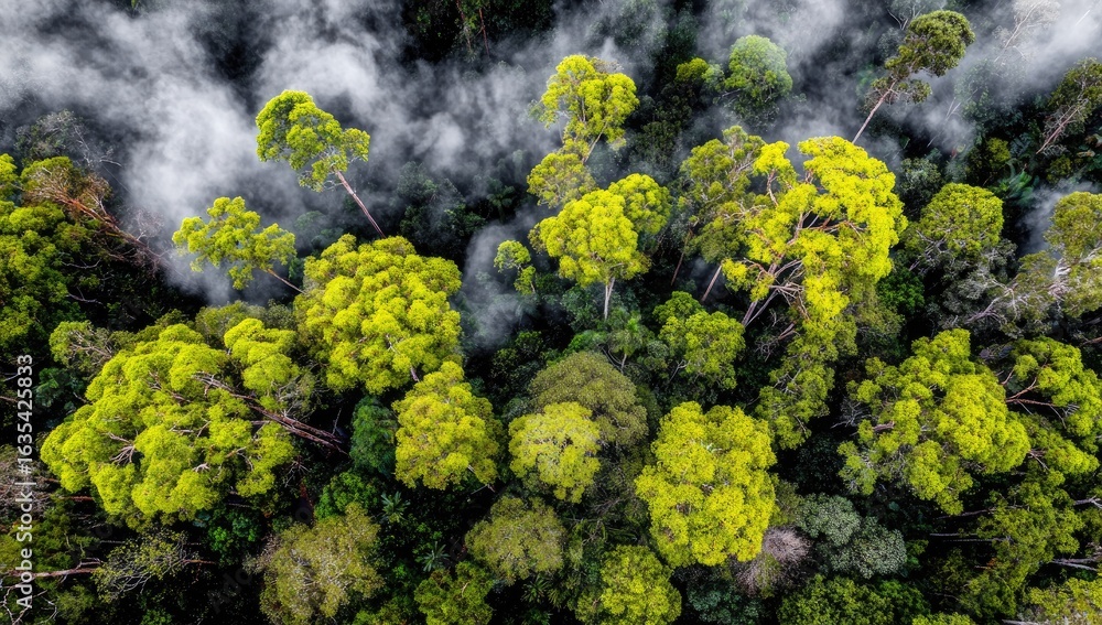 Naklejka premium Dense rainforest canopy, vibrant green trees, misty atmosphere