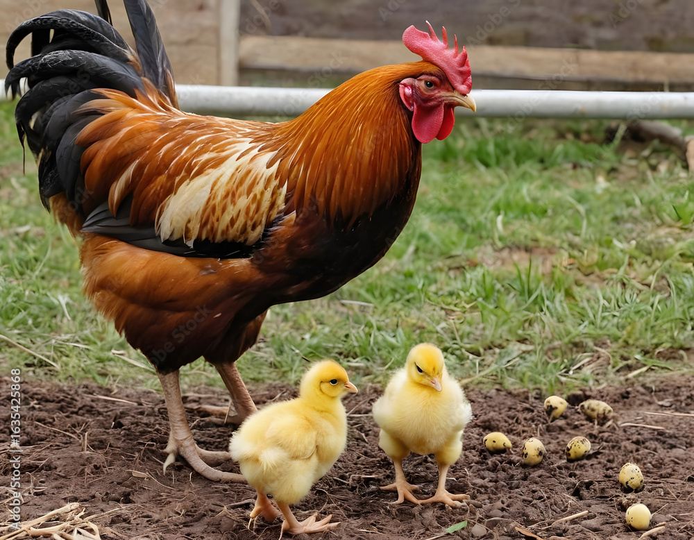 Fototapeta premium A mottled rooster and a hen with yellow newborn chicks in the farm yard. Winter. Close-up view with Copy space. 