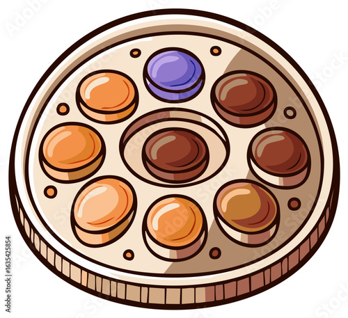 Colorful round sweets arranged in a beige circular plate with a singular unique purple candy