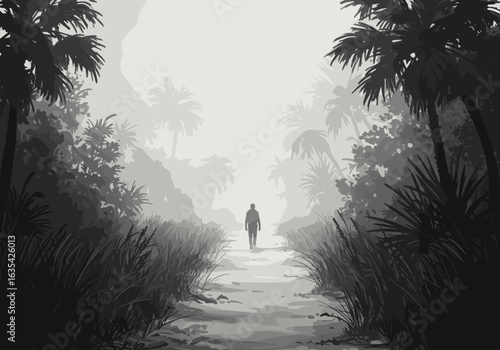 Foggy path through the forest black and white nature landscape scenery