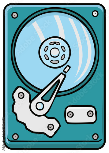 Open computer hard drive illustration showing internal platter and mechanism