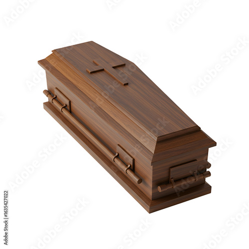 Isolated 3D Render of a Wooden Coffin Featuring a Cross on Transparent Background