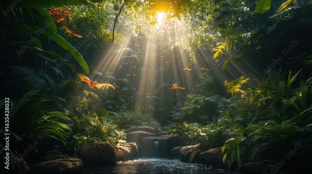 Obraz premium Sunbeams pierce lush jungle canopy, illuminating a tranquil stream flowing over rocks