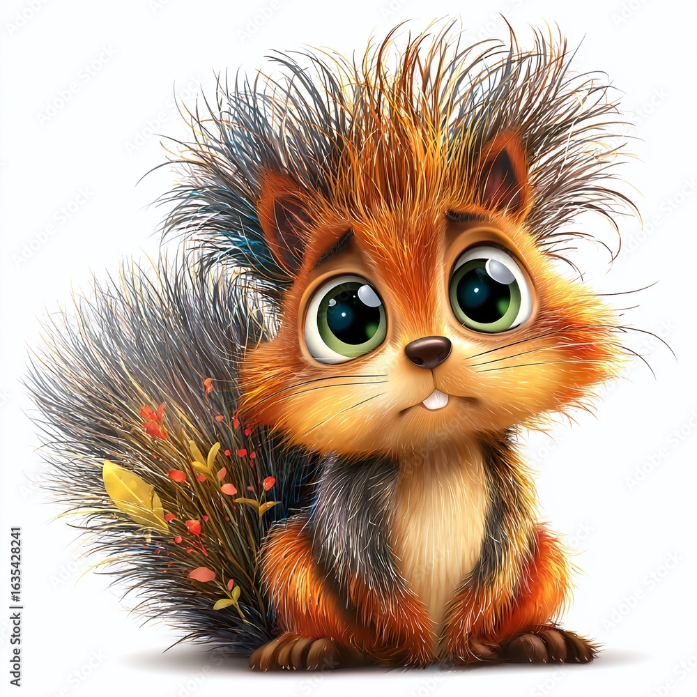 Obraz premium Adorable Cartoon Squirrel with Wild Fluffy Fur A Detailed CloseUp Illustration Perfect for Childrens Books Educational