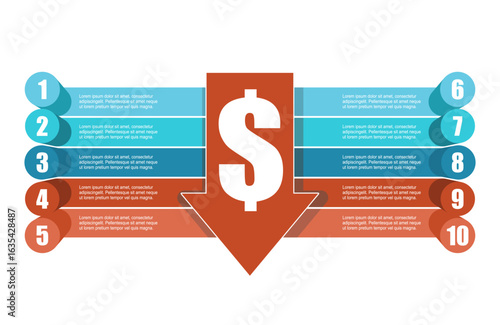 Fall down arrow. Concept of ten features or option of project to select. Minimal infographic illustration for business and stock market information visualization.