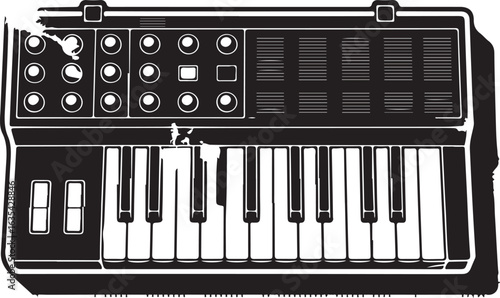 Retro Synth Keyboard with Halftone and Grunge Texture 80s Music Vector Graphic