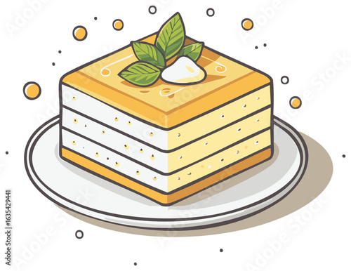 Illustration of layered sponge cake with yellow cream topping, decorative leaves and small dots on a plate