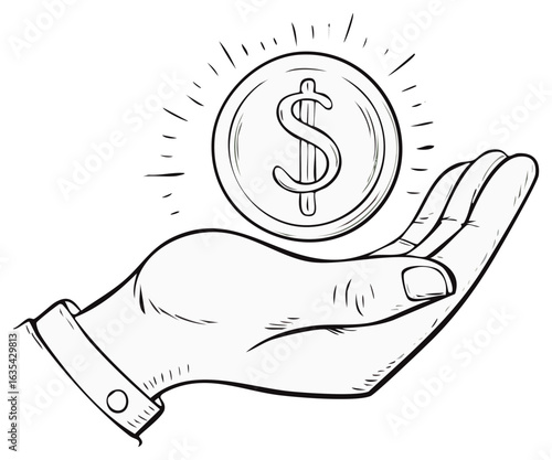 Hand holding dollar coin, concept for giving money, investment, wealth, earning, and financial success.