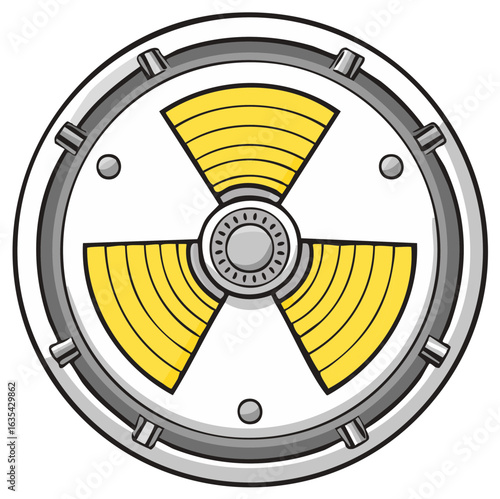 Cartoon radiation hazard symbol in silver metallic circle frame with yellow vanes