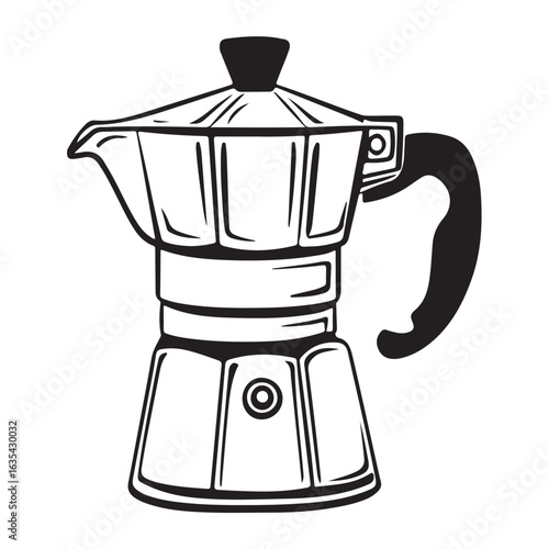 Black and white illustration of a moka pot coffee maker stovetop espresso maker Italian coffee maker 
