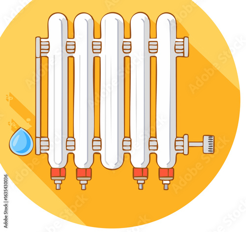 Cartoon illustration of a radiator with a drop of water
