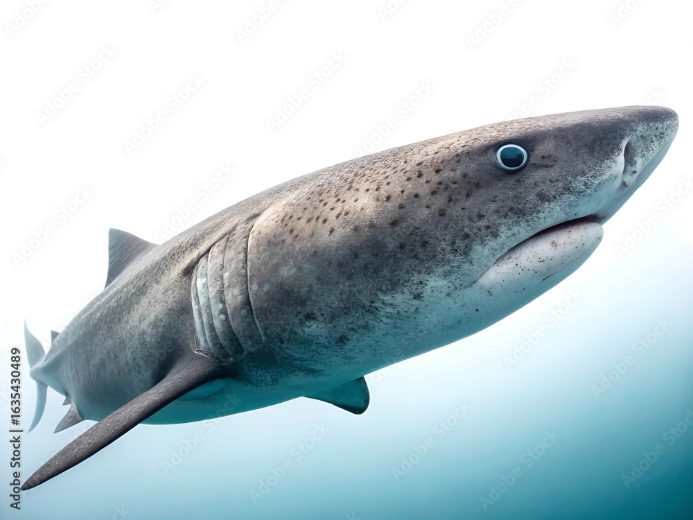 Fototapeta premium Macro image of a Greenland shark swimming forward slowly, rough skin and dull coloration shown with side light, mysterious eye visible, isolated on transparent white — deep ocean relic.