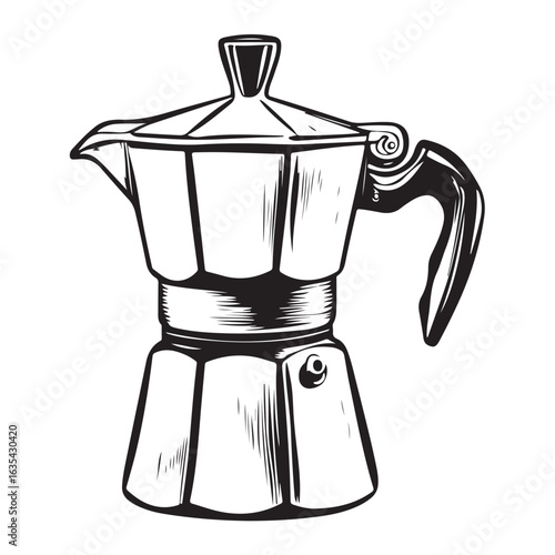 Black and white illustration of a moka pot coffee maker stovetop espresso maker Italian coffee maker 

