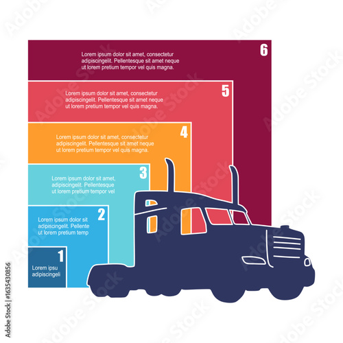 Truck icon with six features or option of project to select. Minimal infographic illustration for transportation and delivery information visualization.