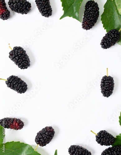 Fresh, ripe black mulberries scattered with vibrant green leaves on a clean white background