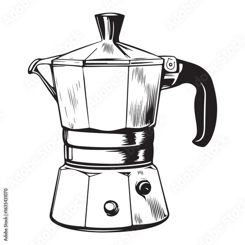 Black and white illustration of a moka pot coffee maker stovetop espresso maker Italian coffee maker 
