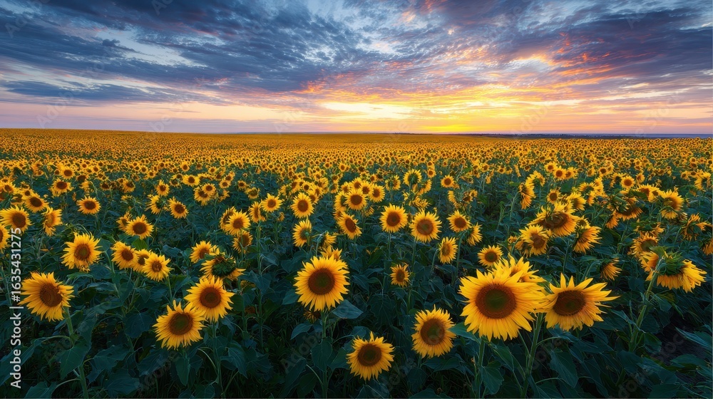 Obraz premium Sunset over a vast sunflower field, idyllic rural landscape, agriculture, summer