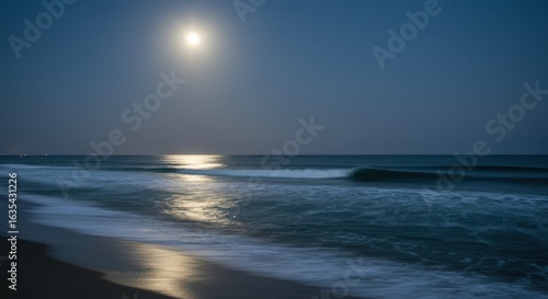 Ethereal Moonlight Serenade: Ocean Waves Reflecting Lunar Glow on Sandy Beach at Night