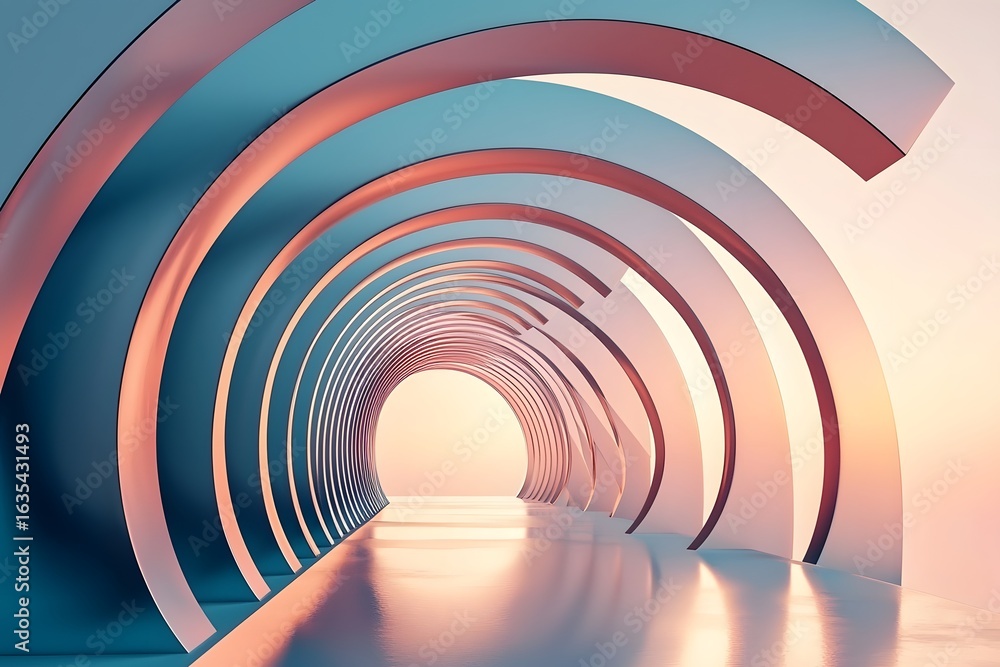 Obraz premium Abstract tunnel with repeating arches in blue and peach leading to a bright light source