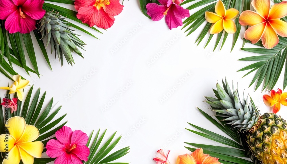 Fototapeta premium Vibrant tropical border framing fresh pineapple and exotic hibiscus flowers for summer celebrations
