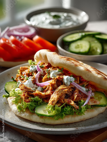 A mouthwatering doner kebab wrap, filled with succulent chicken shawarma and vibrant vegetables, drizzled with creamy white sauce on top of the warm pita bread, set against an isolated dark background