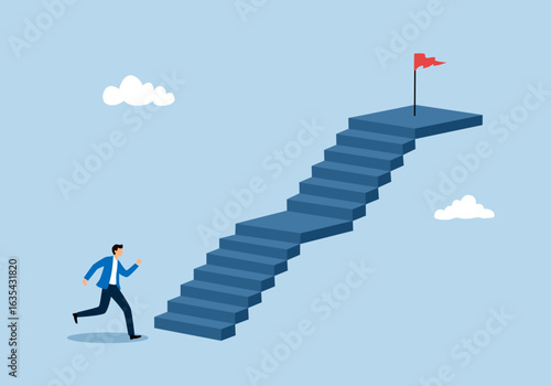 Businessman running up stairway to the top red flags. Business growth and the path to success in flat design vector illustration.