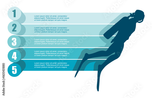 Silhouette of diver with five features or option of project to select. Minimal infographic illustration for sport and leisure activity information visualization.