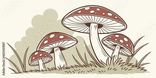 A colorful cartoon fly agaric toadstool with a red cap is growing in the green grass