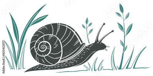 A cute cartoon snail with a decorative shell crawls on green grass, a funny symbol of slow nature