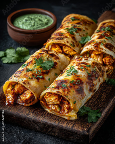 Four Indian-style stuffed flour tortilla rolls on a wooden board, filled with chicken in a red sauce and coriander leaves, with a green chutney beside them, on a white tablecloth background.