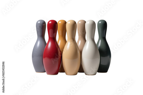 Seven colorful bowling pins in a row