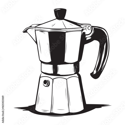Black and white illustration of a moka pot coffee maker stovetop espresso maker Italian coffee maker 
