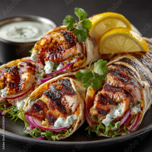 A photorealistic, high-resolution close-up of two Indian-style chicken shawarma rolls on an old wooden board with green guacamole and lemon slices. The background is dark wood to highlight the bright 
