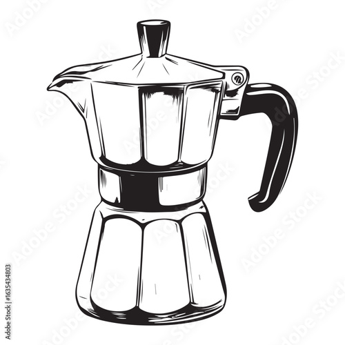 Black and white illustration of a moka pot coffee maker stovetop espresso maker Italian coffee maker 
