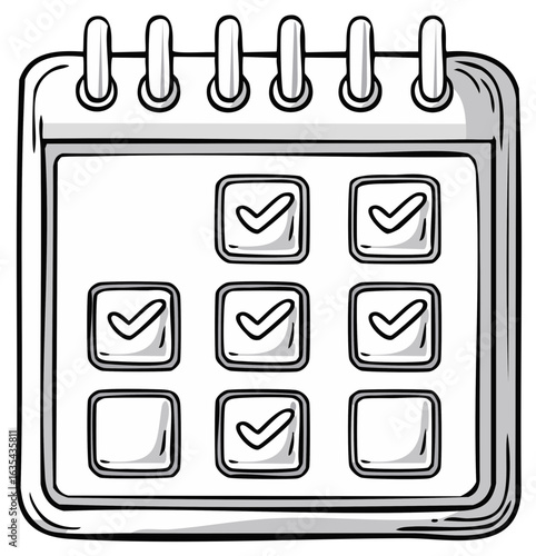 Hand drawn calendar grid with checkmarks indicating completed tasks and appointments