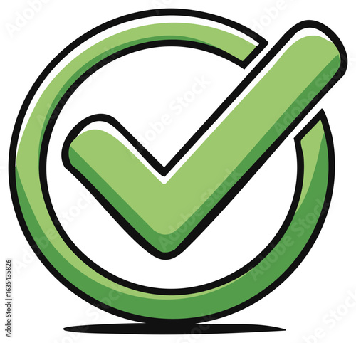 Cartoon green check mark icon in a circle symbolizing approval, success, and correctness