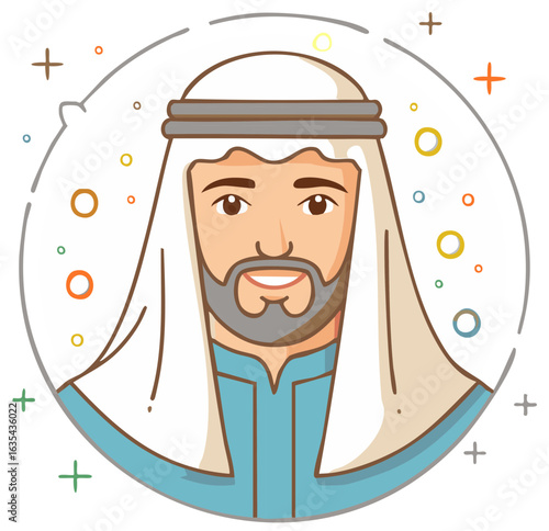 Smiling Man Illustration with Traditional Headdress in Geometric Design