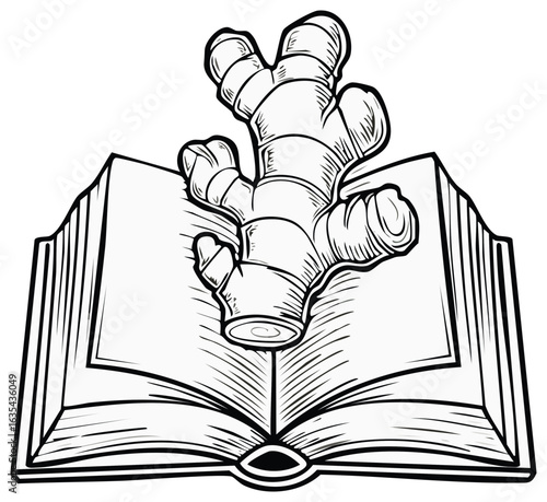 Open book with ginger root growing from pages artistic line drawing illustration