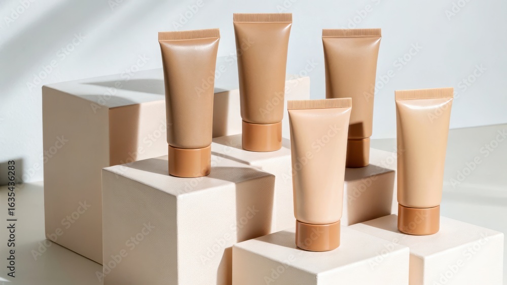 Obraz premium Cosmetic tubes arranged on geometric boxes in a minimalist setting.