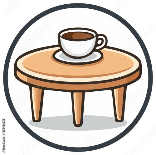 Cartoon hot coffee cup on a small wooden table inside a black circle icon illustration
