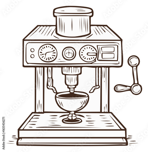 Vintage espresso machine illustration, drawing style, coffee shop equipment.
