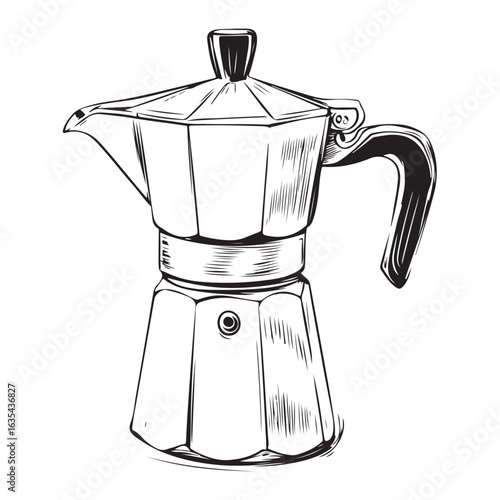 Black and white illustration of a moka pot coffee maker stovetop espresso maker Italian coffee maker 
