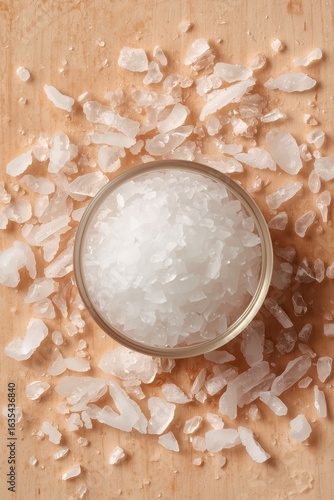 Coarse Sea Salt Crystals in Wooden Spoon on Gray Background