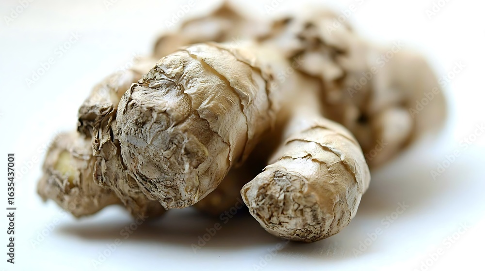 Studio shot of raw ginger root with natural contours, captured with 50mm lens, emphasizing rough skin texture and soft shadow details on clean white background Studio shot of raw ginger root with natural contours, captured with 50mm lens, emphasizing rough skin texture and soft shadow details on clean white background