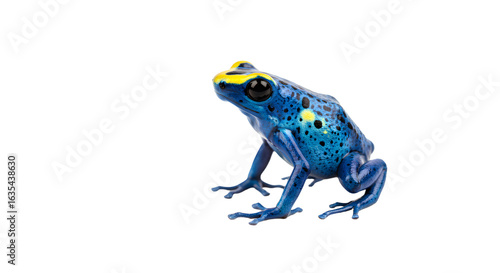 Vibrant blue frog with yellow markings stands out