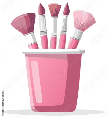 Pink makeup brushes in a holder container beauty cosmetic applicator accessories drawing