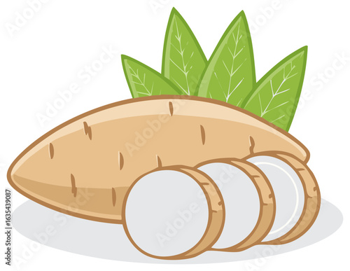 Illustration of Cassava Root Vegetable Whole and Sliced with Green Leaves